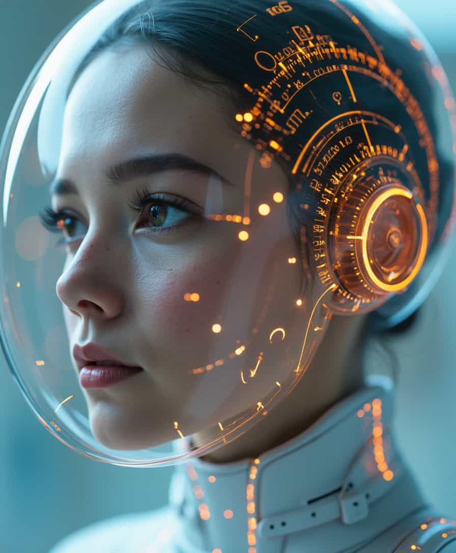 A portrait of a character in a sci-fi style, This image features a character adorned with a transparent and complexly designed helmet, where illuminated circuits and elements are visible. The face, closely emphasized in the foreground, is interlaced with glowing data lines in hues of orange and blue, illustrating a seamless blend of human and machine. The background is softly blurred, putting full focus on the character's detailed and high-tech appearance. The style is a mix of realistic portraiture with modern, futuristic technology themes. The lighting is meticulous, highlighting the character's eyes and the luminescent circuitry, giving a powerful and vivid visual impact.