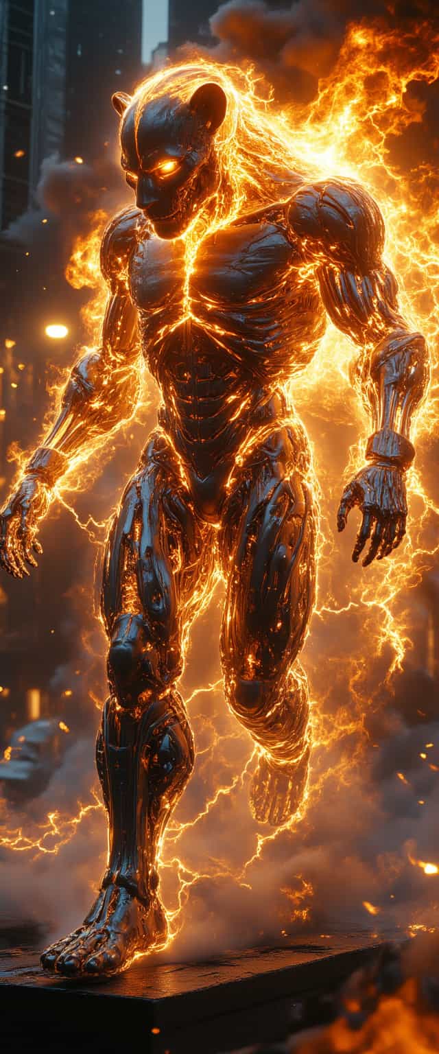 gholstlighning, electricity, aidmaimageupgrader, Cinematic style, realism, cinematic quality, aidmaMJ6.1, ,visualize  a hyper-realistic image of a powerful hybrid between a lion and a man. The creature has the muscular, majestic body of a lion with golden fur, but its torso and arms take the form of a strong human figure. His face is a mixture of the two, with the piercing eyes and sharp teeth of a lion, but with human intelligence reflected in his gaze. His flaming mane wraps around a semi-human face, combining animal strength and human features.He walks down the road and around him,rome engulfed in flames, a hyper-realistic apocalyptic scene. Skyscrapers in flames, wisps of smoke against a blood-red sky. Chaos in the streets, abandoned vehicles, terrified crowds fleeing. Iconic monuments collapse, rivers reflect a hellish glow. Meticulous detail, intense lighting, palpable fear.