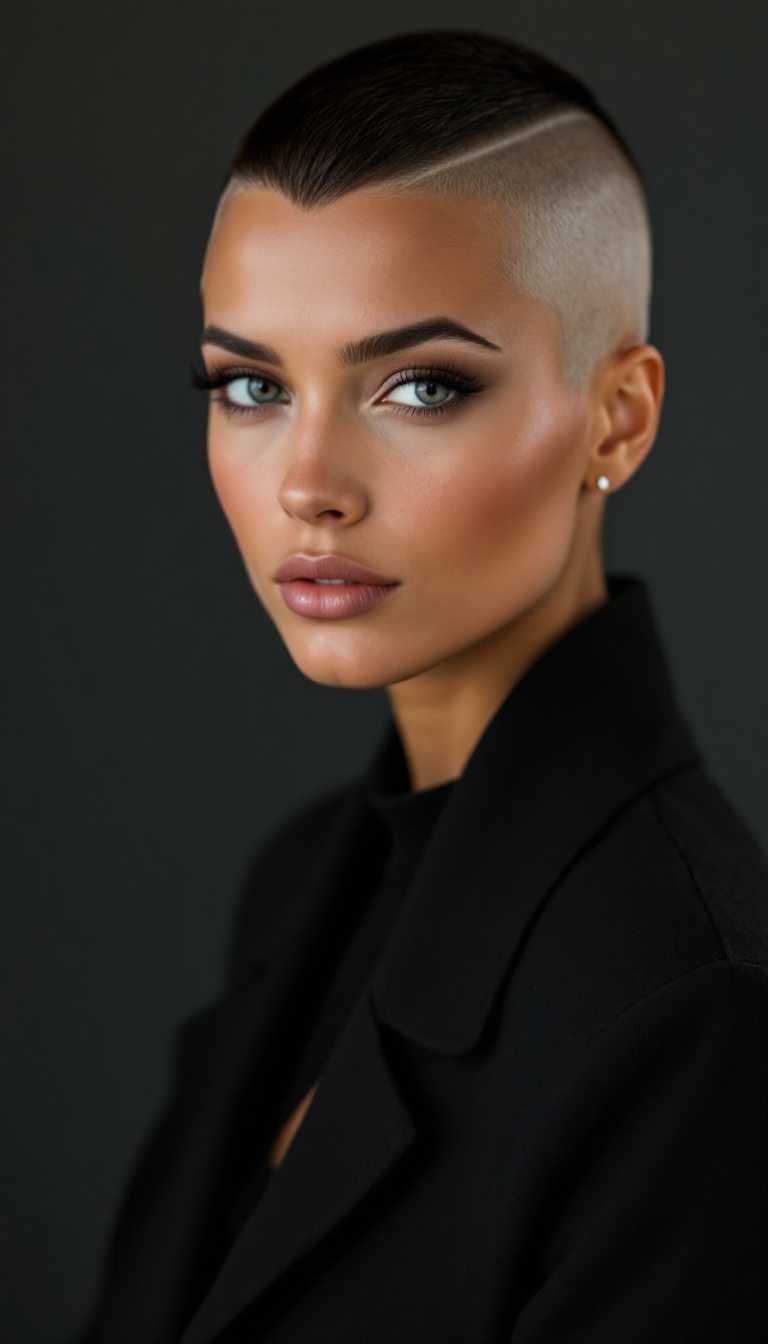  symmetrical head to shoulders of a Beautiful 30 year old  brazilian woman with a buzz cut hairstyle . Looking at the camera 