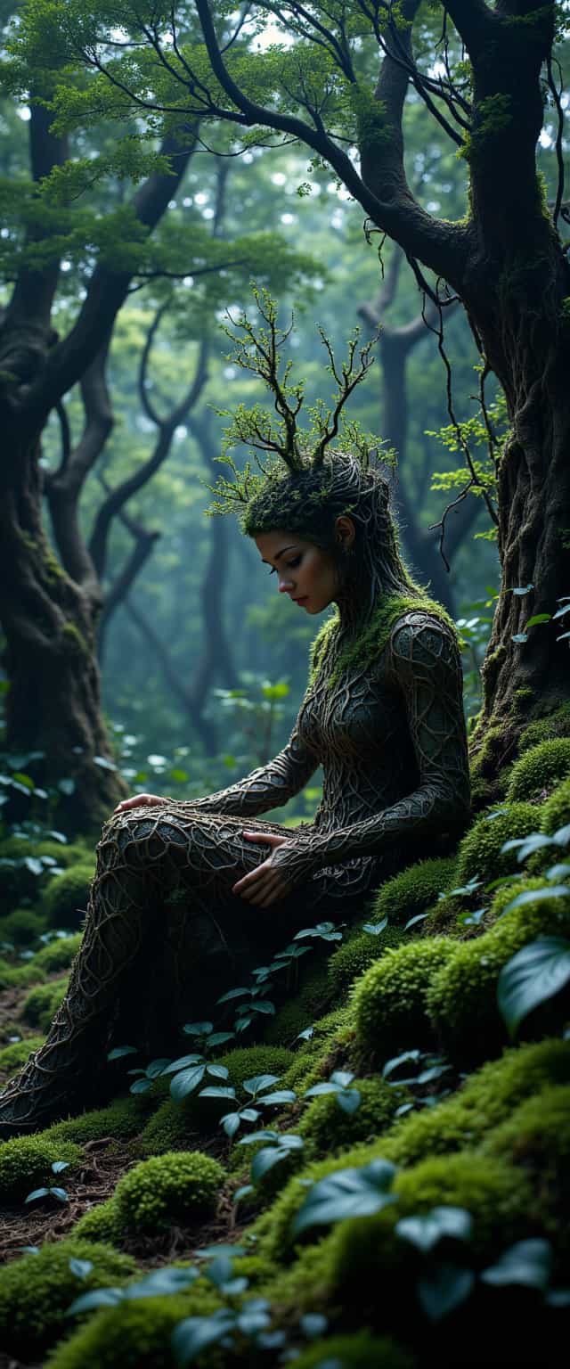 aidmaimageupgrader, Cinematic style, realism, cinematic quality, aidmaMJ6.1, , In a roots style, the image features a woman adorned in a dress crafted from intertwining tree roots, their lower face cloaked in soft moss. They sit gracefully on the ground, encircled by miniature trees that rise like guardians of the forest. The scene pulsates with life, suggesting an enchanting connection between humanity and nature, as if the roots have gently embraced the figure, merging them with the earth. In the background, a surreal tapestry of abstract, flowing shapes emerges, hinting at a futuristic urban landscape. These smooth, curved forms twist and turn, echoing the organic fluidity of the natural world while embodying a sense of architectural grandeur. The interplay of light and shadow creates a dark, dreamlike atmosphere, enhancing the ethereal quality of the scene. While rooted in nature, the person seems to float within this fantastical realm, where the boundaries between human and the environment blur. Colors swirl around them—deep greens and earthy browns intermingling with vibrant hues reminiscent of urban neon, creating a striking contrast that highlights the harmony between organic and synthetic. The overall aesthetic is a poetic fusion of natural beauty and imaginative design, inviting viewers to contemplate the intricate relationship between the human spirit and the world we inhabit.