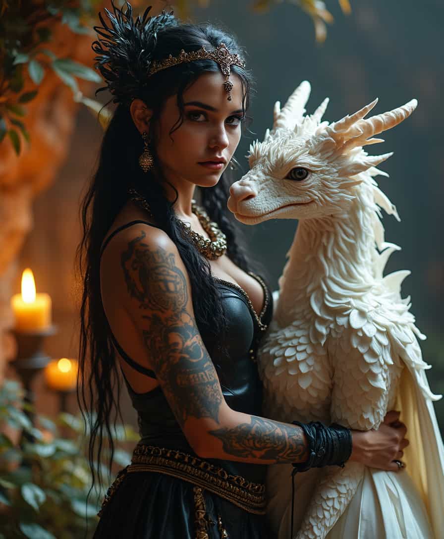 In a realm where fantasy and reality intertwine, a dark-skinned witch, adorned in primitive leather and feathers, stands with an air of mystique. Her face, illuminated by perfect lighting, is decorated with intricate tattoos and large jewelry, her voluminous hair crowned with a dark tiara. She commands a cave filled with flickering candles, demons, and Halloween specters.Nearby, a regal queen with flowing white hair, dressed in a white and gold gown, shares a tender moment with a majestic white dragon. Their bond is evident as the dragon curls protectively around her, shimmering scales reflecting their deep connection.In a moonlit forest, a devastatingly beautiful blonde in a flowing white gown stands amidst bioluminescent plants. Her iridescent blue eyes gaze seductively at the camera, her slender yet curvaceous figure exuding innocent allure.Seated on a throne within a grand honeycomb chamber, a queen bee radiates authority. Her golden, honey-toned skin and armor-like exoskeleton gleam, her wings shimmering with latent power. Her presence commands respect, her domain buzzing with loyal bees, the walls dripping with golden honey. These characters, each in their unique settings, weave a tapestry of beauty, power, and enchantment, drawing you into their magical worlds.