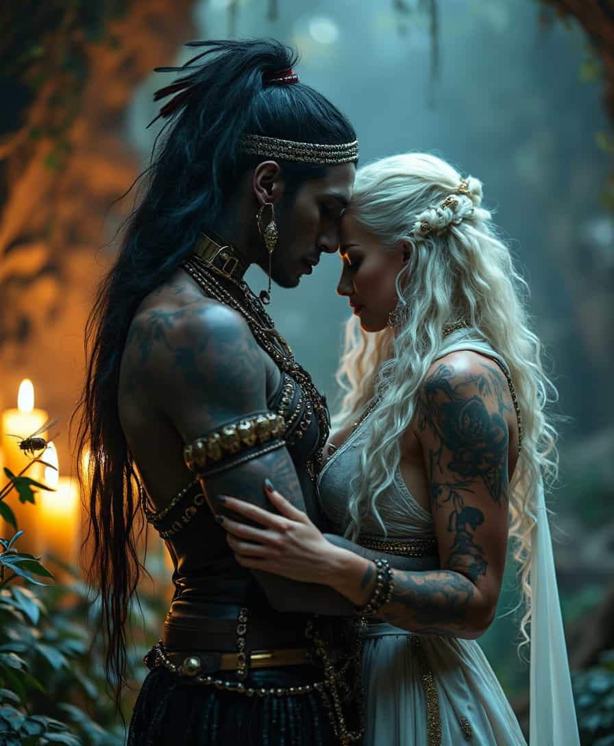 In a realm where fantasy and reality intertwine, a dark-skinned witch, adorned in primitive leather and feathers, stands with an air of mystique. Her face, illuminated by perfect lighting, is decorated with intricate tattoos and large jewelry, her voluminous hair crowned with a dark tiara. She commands a cave filled with flickering candles, demons, and Halloween specters.Nearby, a regal queen with flowing white hair, dressed in a white and gold gown, shares a tender moment with a majestic white dragon. Their bond is evident as the dragon curls protectively around her, shimmering scales reflecting their deep connection.In a moonlit forest, a devastatingly beautiful blonde in a flowing white gown stands amidst bioluminescent plants. Her iridescent blue eyes gaze seductively at the camera, her slender yet curvaceous figure exuding innocent allure.Seated on a throne within a grand honeycomb chamber, a queen bee radiates authority. Her golden, honey-toned skin and armor-like exoskeleton gleam, her wings shimmering with latent power. Her presence commands respect, her domain buzzing with loyal bees, the walls dripping with golden honey. These characters, each in their unique settings, weave a tapestry of beauty, power, and enchantment, drawing you into their magical worlds.