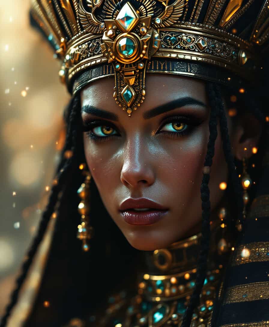A captivating hyper-realistic portrait of an Egyptian queen adorned with a detailed death mask, set in a futuristic, science fiction world. The queen's intricate headdress and jewelry are adorned with shimmering gems, while her eyes hold an air of mystery. The scene is bathed in a haze of light leaks, creating an epic, otherworldly atmosphere. The ultra-high-quality model and sharp focus make this a true masterpiece of production nematographies. This stunning photograph by Larry Bud Melman captures the essence of the queen's character with stunning details and vibrant colors, transporting viewers into a realm of intricate, photorealistic beauty.