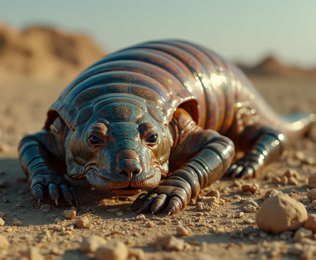 giant isopod with iridescent  scales hides under  a cadaver  dog in a wasteland  desert