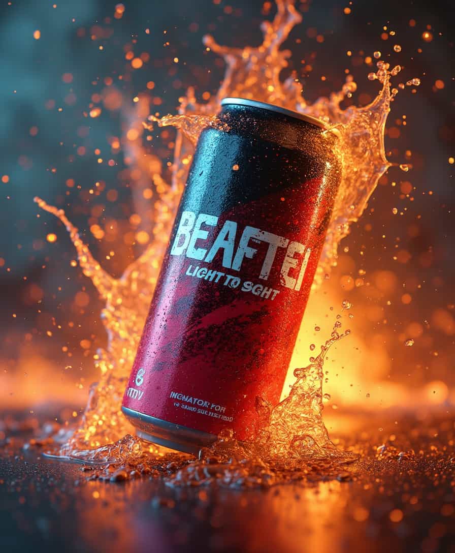 Create an advertisement for a beverage can. It is a sports drink that is aimed at strength athletes and competitive athletes. The drink has been scientifically developed. It stands for power and strength and for fighters. Use beight strong neon colors and symbols that stands for power 