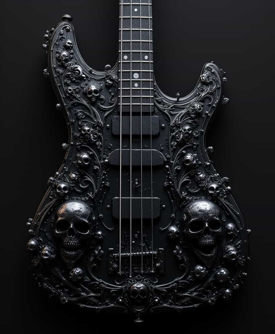 aidmaimageupgrader, Cinematic style, realism, cinematic quality, aidmaMJ6.1, A black bass guitar body with an intricate design with skulls incorporated in.
