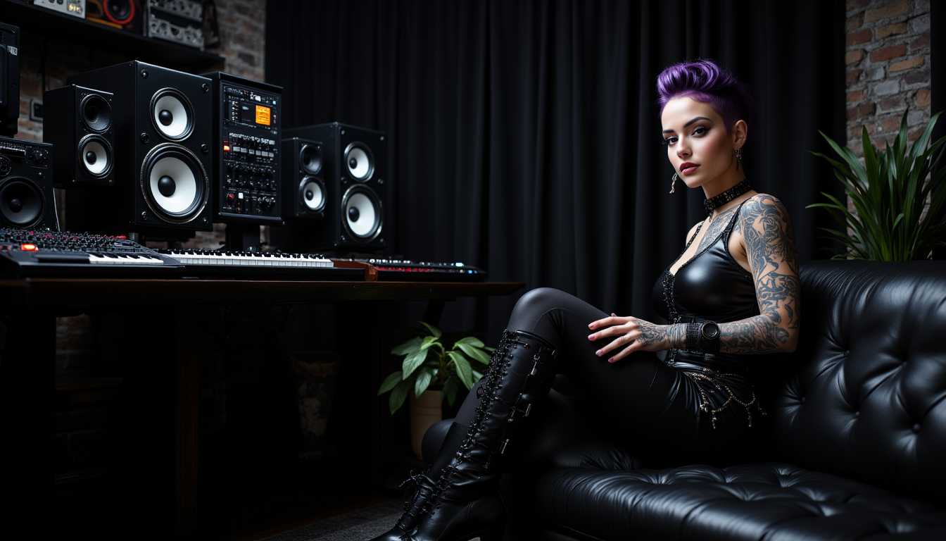 aidmaimageupgrader, Cinematic style, realism, cinematic quality, aidmaMJ6.1, Please generate a 4k image of a music studio with black walls. Place the speaker monitors on a table behind a black leather couch. gothic girl with tattoos, leather dress with spikes and purple hair with undercut sitting on couch.