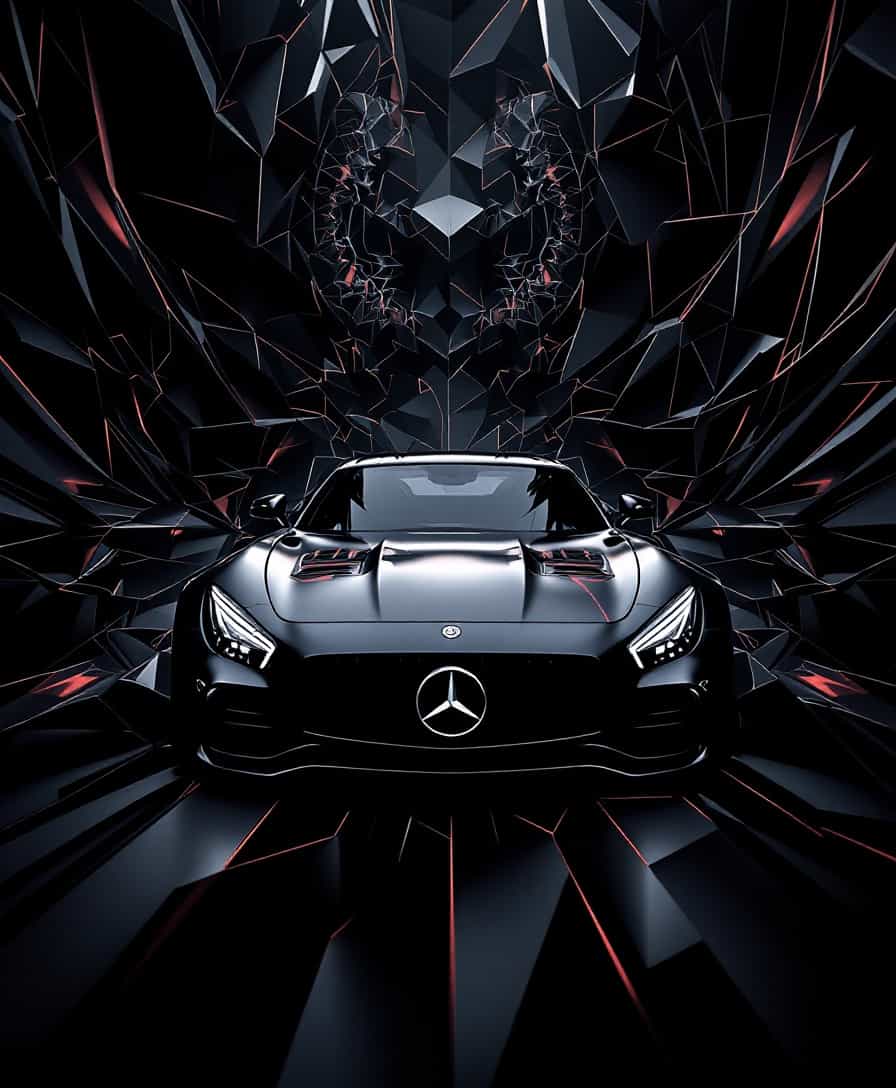 The image features an aggressive Mercedes GT63S, rendered in a striking abstract style characterized by dark, angular shapes that create a sense of dynamism and intensity. The composition is dominated by sharp lines and geometric forms that intertwine, emphasizing the car's powerful silhouette while evoking a sense of movement and speed. The 3D fractal style enhances this effect, as layers of complexity unfold in the background, creating a mesmerizing depth that draws the viewer in. 

Lighting plays a crucial role, with stark contrasts illuminating the contours of the vehicle, highlighting its aggressive features while casting deep shadows that add to the overall ominous atmosphere. The color palette is rich and moody, utilizing dark hues interspersed with flashes of metallic tones that reflect the car's sleek design. The framing of the image is tightly focused on the GT63S, allowing the abstract elements to swirl around it, creating an immersive experience that blurs the line between automotive design and modern art.