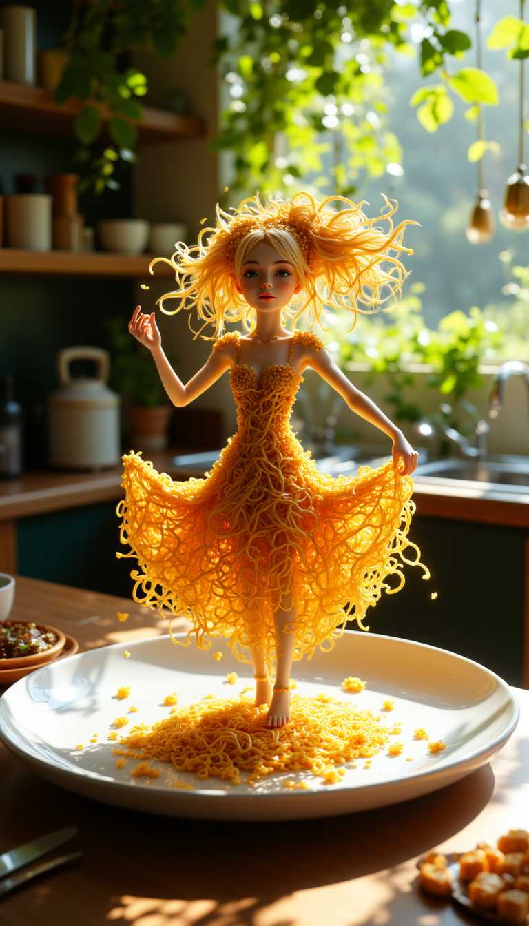aidmaimageupgrader, Cinematic style, realism, cinematic quality, aidmaMJ6.1, A whimsical miniature figure composed of delicately arranged noodles , poised in a carefree dance on the rim of a plate , white shiny plate , set on a table , vibrant kitchen backdrop, where dappled sunlight filters through the canopy above, casting intricate shadows. The overall aesthetic is ethereal, with warm, earthy tones of sienna, umber, infused with hints of emerald and golden light, evoking a sense of wonder and enchantment , as if plucked from a fantastical realm.