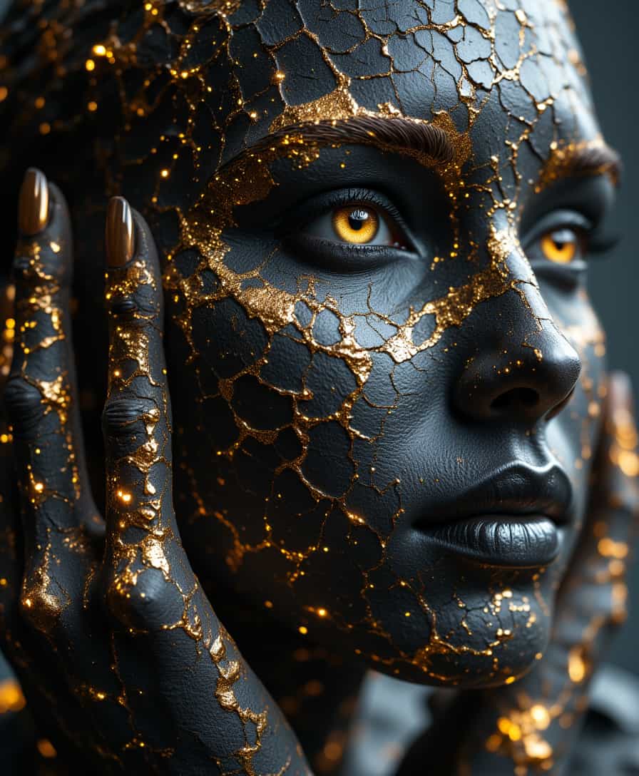 aidmaimageupgrader, Cinematic style, realism, cinematic quality, aidmaMJ6.1, In a captivating blend of cracks and golden styles, the image features a face painted in a cracked texture that resembles weathered rock. The surface of the face showcases intricate patterns reminiscent of golden designs, where the cracks glimmer softly against the monochrome backdrop. The eyes stand out vividly, their intensity contrasting with the fractured skin, which now shimmers with hints of gold.

Emerging from this dramatic visage, a person whose head and hands are sculpted to resemble rugged stone adds an artistic twist. Their features are embellished with delicate golden accents, enhancing the ruggedness of the rock-like appearance. Resting on a rustic wooden table, the scene evokes an authentic, natural setting that harmonizes the rawness of the cracked surface with the elegance of gold.