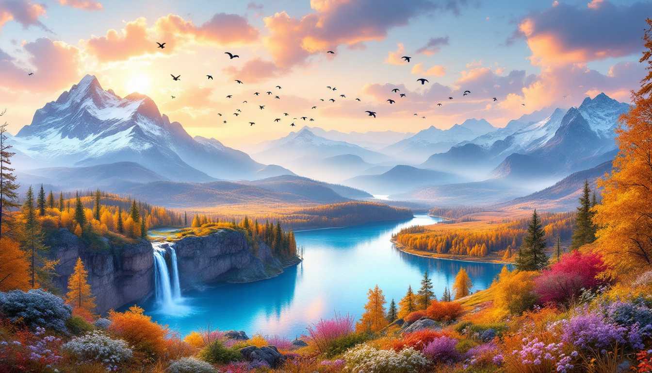 An expansive, breathtaking vista unfolds—a majestic panorama that captures the awe-inspiring beauty of nature's grandest spectacles. Towering mountain peaks pierce the sky, their snow-capped summits glowing with the warm hues of a rising sun. Below, cascading waterfalls tumble down rugged cliffs into a pristine lake that mirrors the vibrant colors of the dawn sky. The lake's crystal-clear waters reflect a tapestry of oranges, pinks, and purples, blending seamlessly with the surrounding lush forest whose trees are adorned with autumnal leaves in shades of gold and crimson.

In the distance, a series of rolling hills fade into misty horizons, creating a sense of infinite depth and serenity. A flock of birds soars gracefully across the sky, their silhouettes accentuating the vastness of the landscape. The atmosphere is crisp and invigorating, with beams of sunlight filtering through scattered clouds, casting ethereal rays that illuminate the scene with a heavenly glow.

The foreground features a carpet of wildflowers—lavender, daisies, and poppies—that sway gently in the morning breeze, adding splashes of vibrant color and delicate details to the composition. A winding path leads the eye deeper into the scene, inviting the viewer to embark on a journey through this natural paradise.

The image is rendered in ultra-high-definition, capturing every minute detail—from the texture of the rugged rocks to the subtle ripples on the lake's surface. The color palette is rich and dynamic, emphasizing the contrast between the cool blues and greens of the natural elements and the warm tones of the sky.

Stylistically, the artwork is inspired by the Romantic landscapes of painters like Caspar David Friedrich and the luminous realism of contemporary artists. The overall mood is one of wonder, tranquility, and admiration for the sublime beauty of the natural world, truly encapsulating an amazing spectacle and a soaring vista that elevates the spirit