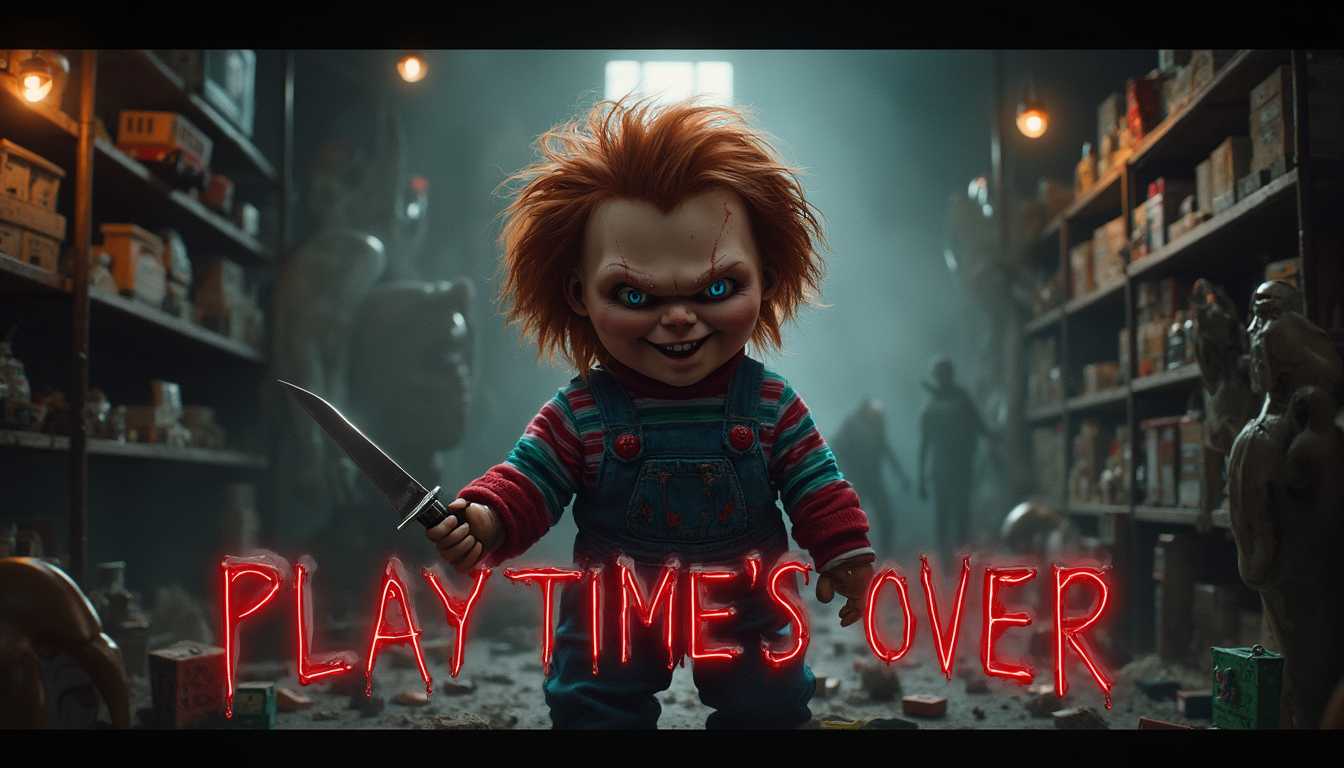 Design a compelling thumbnail for a Chucky-themed music video titled 'Playtime's Over'. The central focus is Chucky, the infamous doll from 'Child's Play', positioned prominently in the frame. Chucky is depicted in a dramatic, menacing pose—his body angled slightly forward as if emerging from the shadows. His wild, fiery red hair is tousled, framing his freckled face twisted into a sinister grin that reveals his sharp teeth. His bright blue eyes glare intensely at the viewer, reflecting a cold, malevolent glint that hints at his sinister intentions.

He holds a gleaming knife in one hand, the blade catching a sharp glint of light that draws immediate attention. The knife may have subtle hints of wear or a slight sheen, but avoid excessive gore to keep the image impactful yet accessible. Chucky's iconic outfit—a striped shirt under denim overalls—is detailed with slight wear and tear, adding texture and authenticity to his appearance.

The background is a dimly lit, abandoned toy store or playroom. Shelves lined with shadowy, forgotten toys create a sense of depth and eeriness. Flickering overhead lights cast dramatic shadows, enhancing the ominous atmosphere. Scattered toys and blocks litter the floor, some spelling out hidden messages.

Prominently integrate the text title 'Playtime's Over' into the scene. The title should be bold and stylized, echoing the horror theme with a font that has jagged edges or a subtle dripping effect. Consider placing the text as if it's part of the environment—for example, written in large, eerie letters on a cracked wall behind Chucky, or formed by glowing neon letters hanging above him. The text could also appear as floating, spectral words with a ghostly glow in front of Chucky without obstructing his figure. Use colors that contrast with the background to ensure the title stands out—blood reds, stark whites, or luminous neons that complement the overall color palette.

The color palette contrasts dark tones with vibrant highlights—deep shadows and muted colors in the background emphasize Chucky's vivid features and the metallic sheen of his knife. Neon reds, blues, or greens can be subtly integrated to add visual interest and tie in with classic horror aesthetics.

Lighting is crucial: use a focused beam or underlighting on Chucky to make him stand out, casting eerie shadows across his face and enhancing his menacing expression. The overall mood should be chilling and suspenseful, instantly grabbing attention and conveying the horror theme of the music video.

Render the image in ultra-high-definition, capturing every detail from the textures of Chucky's clothing and skin to the subtle reflections in his eyes and on the knife blade. Stylistically, draw inspiration from classic horror movie posters and the gritty visuals of 80s slasher films, creating a thumbnail that is both visually striking and evocative, compelling viewers to click and watch the music video