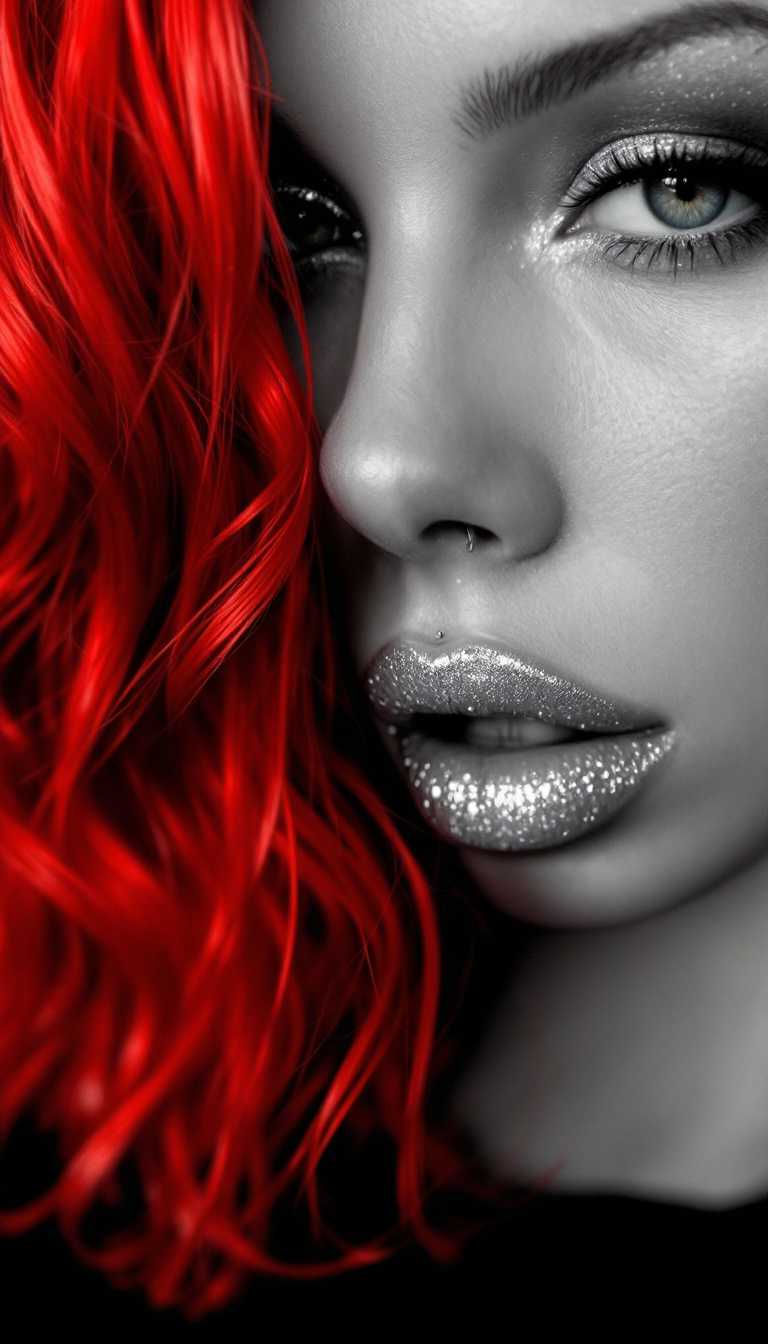 The image features a close-up of a pair of vibrant breasts belonging to a Taylor swift, characterized by her flawless, luminous white skin that radiates softly against a stark black and white background. The nipples are adorned with silver piercings that catch the light, drawing the viewer's gaze. Her full lips, coated in glistening silver lipstick, are prominently highlighted, creating a focal point amidst the contrasting tones. Thick, bold eye shadow enhances the contours of her almond-shaped eyes, deepening their allure and adding a dramatic flair to her expression. Cascading down her shoulders, her vivid red hair flows in fluid waves, injecting a striking burst of color that starkly contrasts with the monochrome backdrop. The overall composition is tight and intimate, focusing on the upper body, while the juxtaposition of colors emphasizes depth and texture. Keywords: close-up, high contrast, monochrome, vibrant colors, detailed, dramatic lighting, bold makeup, intimate composition, fluid hair, piercing details, striking aesthetics, modern portrait.