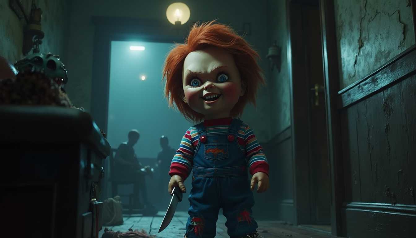 masterpiece, best quality, highres, sharp image, more detail, masterpiece, best quality, highres, sharp image, more detail <lora:more_details:0.5> <lora:SDXLrender_v2.0:1> In a dimly lit room where shadows stretch across the walls, Chucky from 'Child's Play' stands as the central figure, captured in a moment of sinister laughter. His wild, fiery red hair frames a freckled face twisted into a malevolent grin, showcasing his sharp teeth and expressive, gleaming eyes that reflect a mischievous glint. Chucky is clad in his iconic striped shirt and blue overalls, both showing signs of wear with subtle tears and stains that hint at his ominous activities.

He holds a gleaming knife loosely in one hand, the blade catching the scarce light and drawing attention to its sharp edge. The room around him is filled with unsettling details: a toppled chair, scattered toys, and faint, shadowy figures in the background that add to the eerie atmosphere. The floorboards creak beneath him, and the peeling wallpaper reveals dark, aged wood underneath, enhancing the sense of decay and neglect.

The lighting is dramatic, with a single overhead bulb flickering, casting intermittent light that accentuates the contours of Chucky's plastic skin and the textures of his clothing. Shadows play across his face, emphasizing his malicious expression and making his laughter almost palpable. The color palette combines deep, muted tones with stark contrasts—dark blues and grays dominate the environment, while Chucky's attire provides pops of color that draw the viewer's eye.

The image is rendered in hyper-realistic detail, capturing every stitch of his overalls, the gloss of his plastic skin, and the glint of his eyes and knife. The overall mood is chilling and suspenseful, aiming to evoke a sense of dread and anticipation. Stylistically, the scene is inspired by classic horror cinematography and the atmospheric artworks of artists like Bernie Wrightson, encapsulating the essence of a timeless horror icon caught in a moment of unsettling joy