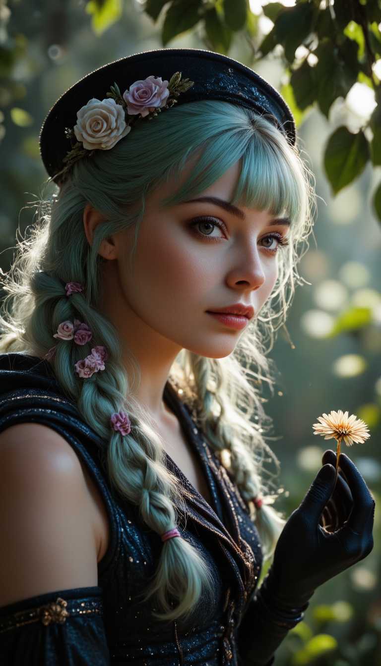 , aidmaimageupgrader, Cinematic style, realism, cinematic quality, aidmaMJ6.1, The goddess Frigg, goddess of the summer rain, her vintage 1880s escense features highlighted in colors against a paradise of heaven. In stunning detail, their figure exudes grace and beauty, she has lavender lipstick, thick eyelash liner strong thic black eye shadow make up, her green mixed with navy blue fringe ringlets ponytails very long hair captured in a medium body type full-body shot from afar that emphasizes her divine essence. This exquisite photograph showcases the timeless elegance presence of the fat goddess, creating a mesmerizing visual and evocative experience. Black long gloves. Sailor black hat.
