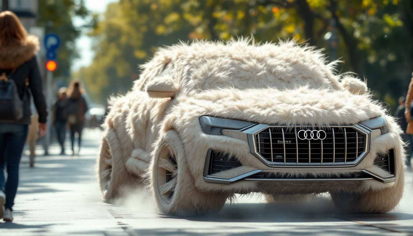 a bulky audi suv car made out of fluffy fur on a sunny day in a busy streat 