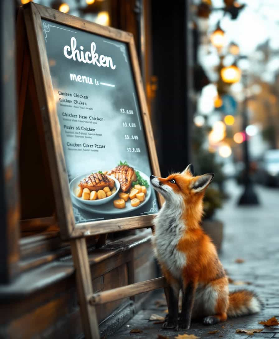 A professional photo, showing a fox outside a restaurant. The fox is investigating a menu board. The board prominently contains the word "chicken" with menu entries listed below it and an image of a grilled chicken on plate with potatoes. It is a cozy afternoon.