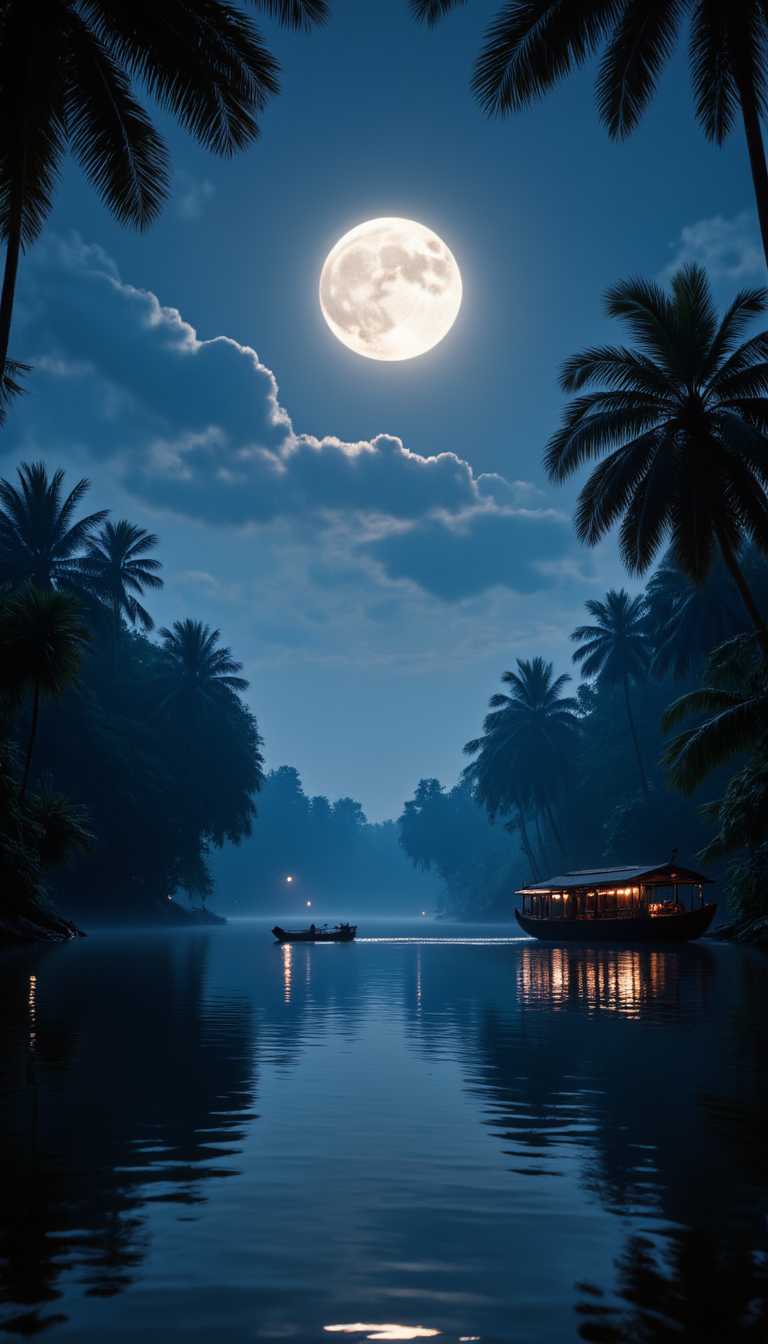 , aidmaimageupgrader, Cinematic style, realism, cinematic quality, aidmaMJ6.1, Paradise of Kerala River side by night, full illuminating moon, reflection, a houseboat, shadow Palms, masterpiece, best quality, double exposure, realistic, whimsical, fantastic, splash art, intricate detailed, hyperdetailed, maximalist style, photorealistic, concept art, sharp focus, harmony, serenity, tranquility,
mysterious glow, 
ambient occlusion, halation, cozy ambient lighting, dynamic lighting,masterpiece, liiv1, linquivera, metix, mentixis, masterpiece, award winning,