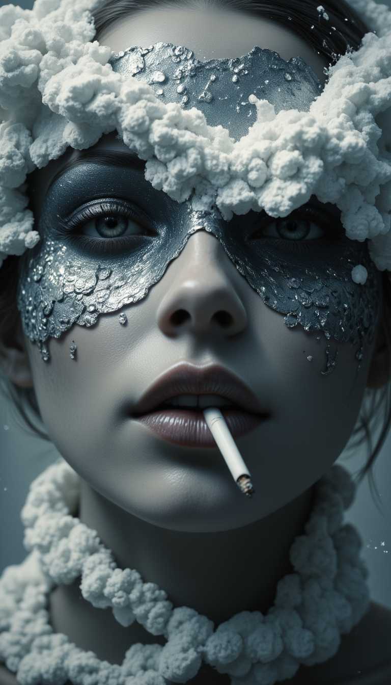 , aidmaimageupgrader, Cinematic style, realism, cinematic quality, aidmaMJ6.1, A surreal artwork showing a woman face with a cigarette in their mouth.  upper face is obscured by what looks like a crashing blending nature and human elements. The image has a monochromatic, abstract feel, and the waves cover the eyes, creating a mysterious and dreamlike atmosphere