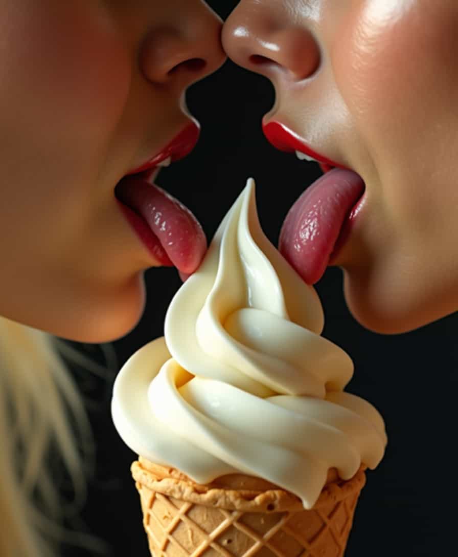 The blonde's lips are a luscious shade of rose, plump and inviting, with a delicate sheen that catches the light, highlighting their fullness. As she leans in, her tongue, pink and agile, flicks out playfully, teasing the edge of the ice cream with a slow, deliberate motion. Her tongue traces a languid path along the creamy surface, leaving a glistening trail that glimmers under the soft lighting.

The brunette's lips are a deep, sultry crimson, contrasting beautifully with her porcelain skin. Her lips are slightly parted, revealing a glimpse of pearly teeth, and as she moves closer, her tongue emerges with a graceful fluidity. It dances with precision, meeting the blonde's tongue in a tantalizing ballet of movement. The tips of their tongues brush against each other, a fleeting touch that sends a shiver of electricity through the air.

Together, their tongues swirl and intertwine around the ice cream, creating a mesmerizing dance of desire and indulgence. The ice cream begins to melt under their combined warmth, dribbling sensuously down the cone, adding to the decadent allure of the scene. The photograph captures this intimate choreography with exquisite detail, focusing on the erotic interplay of lips and tongues in a moment of shared pleasure.