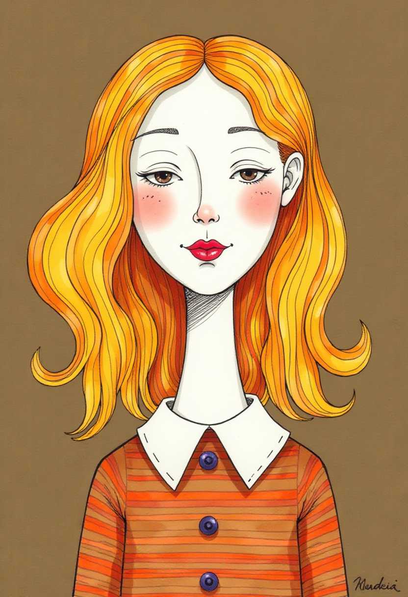 This image is a stylized representation of a figure, reminiscent of a portrait, with a whimsical and modern twist. The art style is abstract and surreal, with exaggerated proportions and a playful use of color and form.The medium appears to be a combination of drawing and painting, utilizing both pen and ink lines for the outlines and shading, and watercolor or a similar fluid medium for the blending and coloring of the figures clothing and hair. The lines are crisp and defined, with a slight variation in thickness that gives the drawing a threedimensional quality.The colors are vibrant and bold, with a limited palette that emphasizes contrast and saturation. The figures skin is a pale, almost translucent white, with rosy cheeks and a heartshaped mouth in a shade of red. The hair is a cascade of warm yellows, oranges, and browns, with a gradient effect that gives it a dynamic and flowing appearance. The clothing is a rich, deep brown with lighter, striped accents, and the collar is a stark white, providing a visual anchor and contrast.The background is a uniform, dark brown, which serves to highlight the figure and its bright colors. The texture of the background is smooth and uniform, with no discernible brushstrokes or patterns, which further emphasizes the figure as the focal point of the composition.There are no objects within the image aside from the figure itself. The figure stands alone against the background, with no indication of a setting or environment, which further contributes to the surreal and dreamlike quality of the artwork.