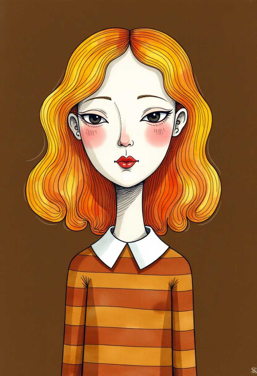 This image is a stylized representation of a figure, reminiscent of a portrait, with a whimsical and modern twist. The art style is abstract and surreal, with exaggerated proportions and a playful use of color and form.The medium appears to be a combination of drawing and painting, utilizing both pen and ink lines for the outlines and shading, and watercolor or a similar fluid medium for the blending and coloring of the figures clothing and hair. The lines are crisp and defined, with a slight variation in thickness that gives the drawing a threedimensional quality.The colors are vibrant and bold, with a limited palette that emphasizes contrast and saturation. The figures skin is a pale, almost translucent white, with rosy cheeks and a heartshaped mouth in a shade of red. The hair is a cascade of warm yellows, oranges, and browns, with a gradient effect that gives it a dynamic and flowing appearance. The clothing is a rich, deep brown with lighter, striped accents, and the collar is a stark white, providing a visual anchor and contrast.The background is a uniform, dark brown, which serves to highlight the figure and its bright colors. The texture of the background is smooth and uniform, with no discernible brushstrokes or patterns, which further emphasizes the figure as the focal point of the composition.There are no objects within the image aside from the figure itself. The figure stands alone against the background, with no indication of a setting or environment, which further contributes to the surreal and dreamlike quality of the artwork.