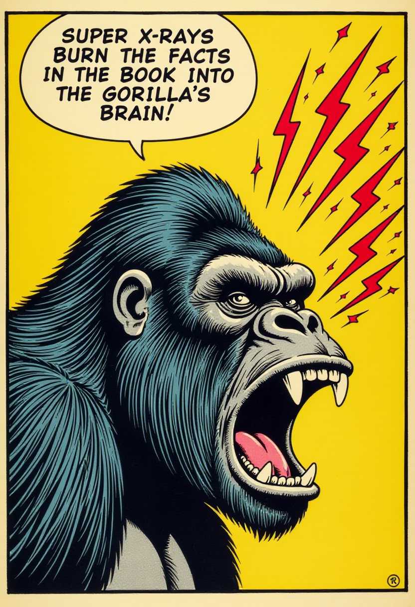 This image is a vintage comic strip panel, featuring a open-mouthed angry gorillas head in profile. The art style is reminiscent of early 20thcentury American comic strips, with bold lines and simple shading. The medium appears to be ink on paper, given the texture and the way the ink bleeds through the paper in some areas.The colors are limited, with a yellow background, black outlines for the gorillas fur and facial features, and red stars and lightning bolts. The yellow background gives the panel a warm, nostalgic feel, while the black and red elements stand out sharply, drawing the eye to the central figure.The gorillas fur is depicted with thick, dark strokes that give a sense of texture and volume. The fur is detailed on the gorillas face, with individual strands of hair visible, and the texture is consistent across the entire head. The gorillas eyes are not visible, but the positioning of the fur and the shape of the head suggest they are behind the panel.The most striking element of the panel is the superimposed text and imagery. At the top, in a speech bubble, the text reads SUPER XRAYS BURN THE FACTS IN THE BOOK INTO THE GORILLA'S BRAIN. This text is in a bold, sansserif font that contrasts with the more detailed, handdrawn style of the rest of the panel.Scattered across the panel are red stars and lightning bolts, which seem to be emanating from the top of the gorillas head. These elements are stylized and exaggerated, with the stars appearing to burst and the lightning bolts having jagged, electrified edges.Overall, the image is a humorous and exaggerated take on the concept of superpowers or supernatural abilities, using comic strip elements to convey a fantastical scenario. The combination of the gorillas stoic expression with the dramatic text and imagery creates a comedic effect.