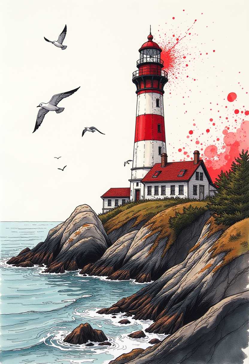 This image is a dynamic and expressive piece of art, utilizing a combination of pen and ink, watercolor, and splashes of red paint to create a vivid and textured depiction of a coastal scene.The art style is reminiscent of modern abstract expressionism, with loose, gestural lines and splashes of color that give the piece a sense of movement and energy. The artist has employed a variety of line weights and densities to create depth and dimension, with thick, bold strokes juxtaposed against delicate, fine lines.The medium is a blend of traditional and contemporary techniques. The pen and ink provide the structure and definition of the lighthouse and the surrounding landscape, while the watercolor adds a sense of fluidity and spontaneity to the seascape and the birds in flight. The red paint is used sparingly but effectively, providing a pop of color that draws the eye and adds a sense of drama to the composition.The colors are a harmonious blend of cool blues and grays for the sea and sky, contrasted with warm reds and oranges for the lighthouse and the birds. The black and white of the pen and ink provide a stark, graphic contrast that emphasizes the textural details of the lighthouse and the rugged coastline.The objects in the image are a lighthouse perched on a rocky outcrop, with its distinctive red and white stripes and multiple levels. Surrounding the lighthouse are the rough, jagged rocks of the coastline, and in the foreground, the calm sea meets the shore. Above the lighthouse, there are several birds in flight, their wings outstretched and feathers detailed, adding life and movement to the scene. The red paint drips and splatters around the lighthouse and the birds, giving the impression of wind and motion.