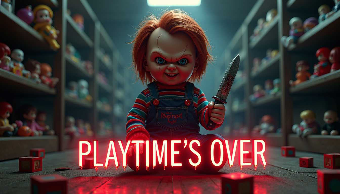 Design a compelling thumbnail for a Chucky-themed music video titled 'Playtime's Over'. The central focus is Chucky, the infamous doll from 'Child's Play', positioned prominently in the frame. Chucky is depicted in a dramatic, menacing pose—his body angled slightly forward as if emerging from the shadows. His wild, fiery red hair is tousled, framing his freckled face twisted into a sinister grin that reveals his sharp teeth. His bright blue eyes glare intensely at the viewer, reflecting a cold, malevolent glint that hints at his sinister intentions.

He holds a gleaming knife in one hand, the blade catching a sharp glint of light that draws immediate attention. The knife may have subtle hints of wear or a slight sheen, but avoid excessive gore to keep the image impactful yet accessible. Chucky's iconic outfit—a striped shirt under denim overalls—is detailed with slight wear and tear, adding texture and authenticity to his appearance.

The background is a dimly lit, abandoned toy store or playroom. Shelves lined with shadowy, forgotten toys create a sense of depth and eeriness. Flickering overhead lights cast dramatic shadows, enhancing the ominous atmosphere. Scattered toys and blocks litter the floor, some spelling out hidden messages.

Prominently integrate the text title 'Playtime's Over' into the scene. The title should be bold and stylized, echoing the horror theme with a font that has jagged edges or a subtle dripping effect. Consider placing the text as if it's part of the environment—for example, written in large, eerie letters on a cracked wall behind Chucky, or formed by glowing neon letters hanging above him. The text could also appear as floating, spectral words with a ghostly glow in front of Chucky without obstructing his figure. Use colors that contrast with the background to ensure the title stands out—blood reds, stark whites, or luminous neons that complement the overall color palette.

The color palette contrasts dark tones with vibrant highlights—deep shadows and muted colors in the background emphasize Chucky's vivid features and the metallic sheen of his knife. Neon reds, blues, or greens can be subtly integrated to add visual interest and tie in with classic horror aesthetics.

Lighting is crucial: use a focused beam or underlighting on Chucky to make him stand out, casting eerie shadows across his face and enhancing his menacing expression. The overall mood should be chilling and suspenseful, instantly grabbing attention and conveying the horror theme of the music video.

Render the image in ultra-high-definition, capturing every detail from the textures of Chucky's clothing and skin to the subtle reflections in his eyes and on the knife blade. Stylistically, draw inspiration from classic horror movie posters and the gritty visuals of 80s slasher films, creating a thumbnail that is both visually striking and evocative, compelling viewers to click and watch the music video