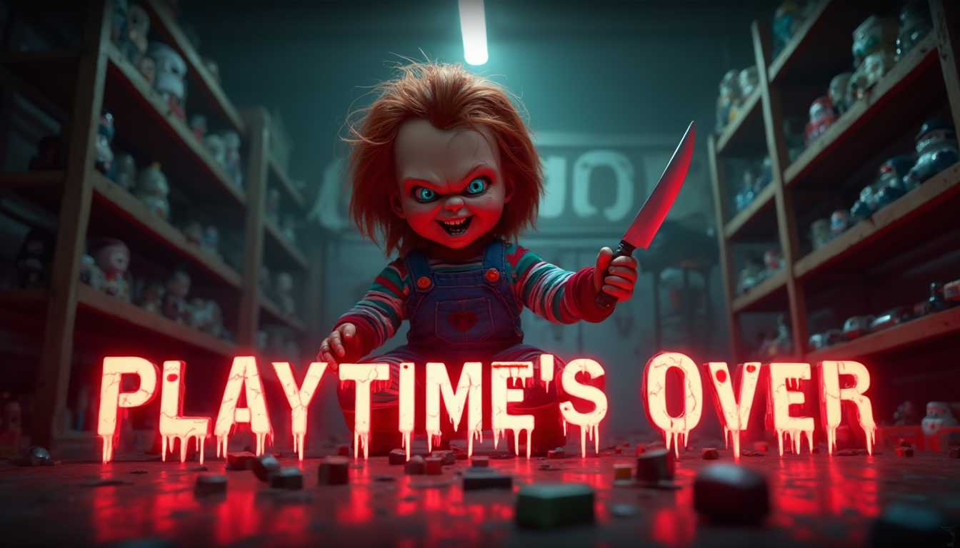 Design a compelling thumbnail for a Chucky-themed music video titled 'Playtime's Over'. The central focus is Chucky, the infamous doll from 'Child's Play', positioned prominently in the frame. Chucky is depicted in a dramatic, menacing pose—his body angled slightly forward as if emerging from the shadows. His wild, fiery red hair is tousled, framing his freckled face twisted into a sinister grin that reveals his sharp teeth. His bright blue eyes glare intensely at the viewer, reflecting a cold, malevolent glint that hints at his sinister intentions.

He holds a gleaming knife in one hand, the blade catching a sharp glint of light that draws immediate attention. The knife may have subtle hints of wear or a slight sheen, but avoid excessive gore to keep the image impactful yet accessible. Chucky's iconic outfit—a striped shirt under denim overalls—is detailed with slight wear and tear, adding texture and authenticity to his appearance.

The background is a dimly lit, abandoned toy store or playroom. Shelves lined with shadowy, forgotten toys create a sense of depth and eeriness. Flickering overhead lights cast dramatic shadows, enhancing the ominous atmosphere. Scattered toys and blocks litter the floor, some spelling out hidden messages.

Prominently integrate the text title 'Playtime's Over' into the scene. The title should be bold and stylized, echoing the horror theme with a font that has jagged edges or a subtle dripping effect. Consider placing the text as if it's part of the environment—for example, written in large, eerie letters on a cracked wall behind Chucky, or formed by glowing neon letters hanging above him. The text could also appear as floating, spectral words with a ghostly glow in front of Chucky without obstructing his figure. Use colors that contrast with the background to ensure the title stands out—blood reds, stark whites, or luminous neons that complement the overall color palette.

The color palette contrasts dark tones with vibrant highlights—deep shadows and muted colors in the background emphasize Chucky's vivid features and the metallic sheen of his knife. Neon reds, blues, or greens can be subtly integrated to add visual interest and tie in with classic horror aesthetics.

Lighting is crucial: use a focused beam or underlighting on Chucky to make him stand out, casting eerie shadows across his face and enhancing his menacing expression. The overall mood should be chilling and suspenseful, instantly grabbing attention and conveying the horror theme of the music video.

Render the image in ultra-high-definition, capturing every detail from the textures of Chucky's clothing and skin to the subtle reflections in his eyes and on the knife blade. Stylistically, draw inspiration from classic horror movie posters and the gritty visuals of 80s slasher films, creating a thumbnail that is both visually striking and evocative, compelling viewers to click and watch the music video