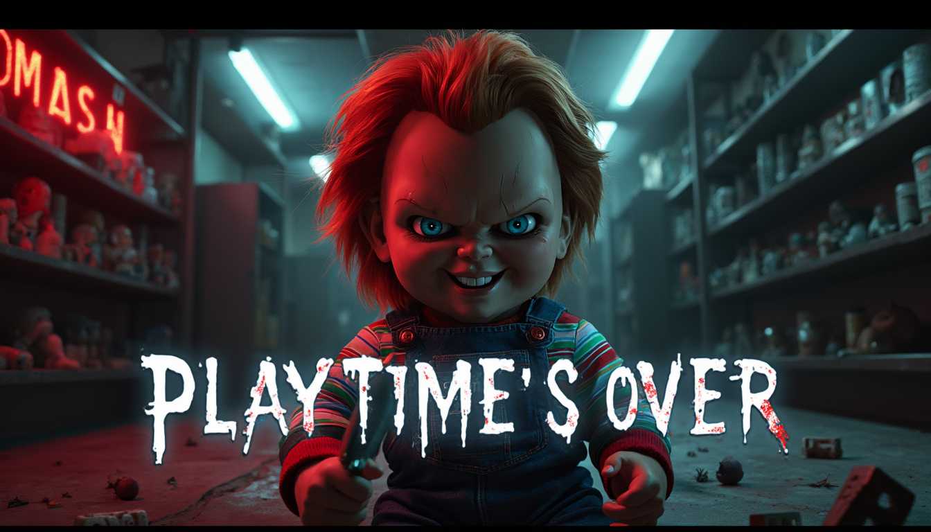 Design a compelling thumbnail for a Chucky-themed music video titled 'Playtime's Over'. The central focus is Chucky, the infamous doll from 'Child's Play', positioned prominently in the frame. Chucky is depicted in a dramatic, menacing pose—his body angled slightly forward as if emerging from the shadows. His wild, fiery red hair is tousled, framing his freckled face twisted into a sinister grin that reveals his sharp teeth. His bright blue eyes glare intensely at the viewer, reflecting a cold, malevolent glint that hints at his sinister intentions.

He holds a gleaming knife in one hand, the blade catching a sharp glint of light that draws immediate attention. The knife may have subtle hints of wear or a slight sheen, but avoid excessive gore to keep the image impactful yet accessible. Chucky's iconic outfit—a striped shirt under denim overalls—is detailed with slight wear and tear, adding texture and authenticity to his appearance.

The background is a dimly lit, abandoned toy store or playroom. Shelves lined with shadowy, forgotten toys create a sense of depth and eeriness. Flickering overhead lights cast dramatic shadows, enhancing the ominous atmosphere. Scattered toys and blocks litter the floor, some spelling out hidden messages.

Prominently integrate the text title 'Playtime's Over' into the scene. The title should be bold and stylized, echoing the horror theme with a font that has jagged edges or a subtle dripping effect. Consider placing the text as if it's part of the environment—for example, written in large, eerie letters on a cracked wall behind Chucky, or formed by glowing neon letters hanging above him. The text could also appear as floating, spectral words with a ghostly glow in front of Chucky without obstructing his figure. Use colors that contrast with the background to ensure the title stands out—blood reds, stark whites, or luminous neons that complement the overall color palette.

The color palette contrasts dark tones with vibrant highlights—deep shadows and muted colors in the background emphasize Chucky's vivid features and the metallic sheen of his knife. Neon reds, blues, or greens can be subtly integrated to add visual interest and tie in with classic horror aesthetics.

Lighting is crucial: use a focused beam or underlighting on Chucky to make him stand out, casting eerie shadows across his face and enhancing his menacing expression. The overall mood should be chilling and suspenseful, instantly grabbing attention and conveying the horror theme of the music video.

Render the image in ultra-high-definition, capturing every detail from the textures of Chucky's clothing and skin to the subtle reflections in his eyes and on the knife blade. Stylistically, draw inspiration from classic horror movie posters and the gritty visuals of 80s slasher films, creating a thumbnail that is both visually striking and evocative, compelling viewers to click and watch the music video