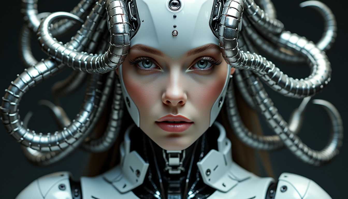 Create a hyper-realistic portrait of a cyborg woman, seamlessly blending human and machine elements. Her striking features are framed by sleek metal tentacles, reminiscent of an octopus, emerging and intertwining around her head. The tentacles gleam with a polished silver finish, reflecting light with a subtle metallic sheen. Focus on detailed textures: the woman's skin contrasts with the smooth, cold metal of the tentacles. The lighting should evoke a dramatic effect, casting intricate shadows across her face and emphasizing the mechanical complexity. Choose a dark, moody background to enhance the futuristic, yet organic feel of the portrait. The composition captures the woman from the shoulders up, with the tentacles spiraling around, suggesting both grace and strength. Her expression is enigmatic and serene, exuding a sense of intelligence and otherworldliness. Utilize advanced digital art techniques to highlight the fusion of organic and synthetic, drawing inspiration from cyberpunk aesthetics to create a cohesive, arresting image.