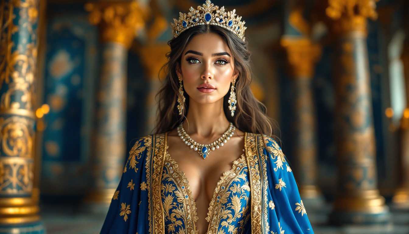 Queenlike beauty in a regal blue dress with a crown, standing in a grand palace setting