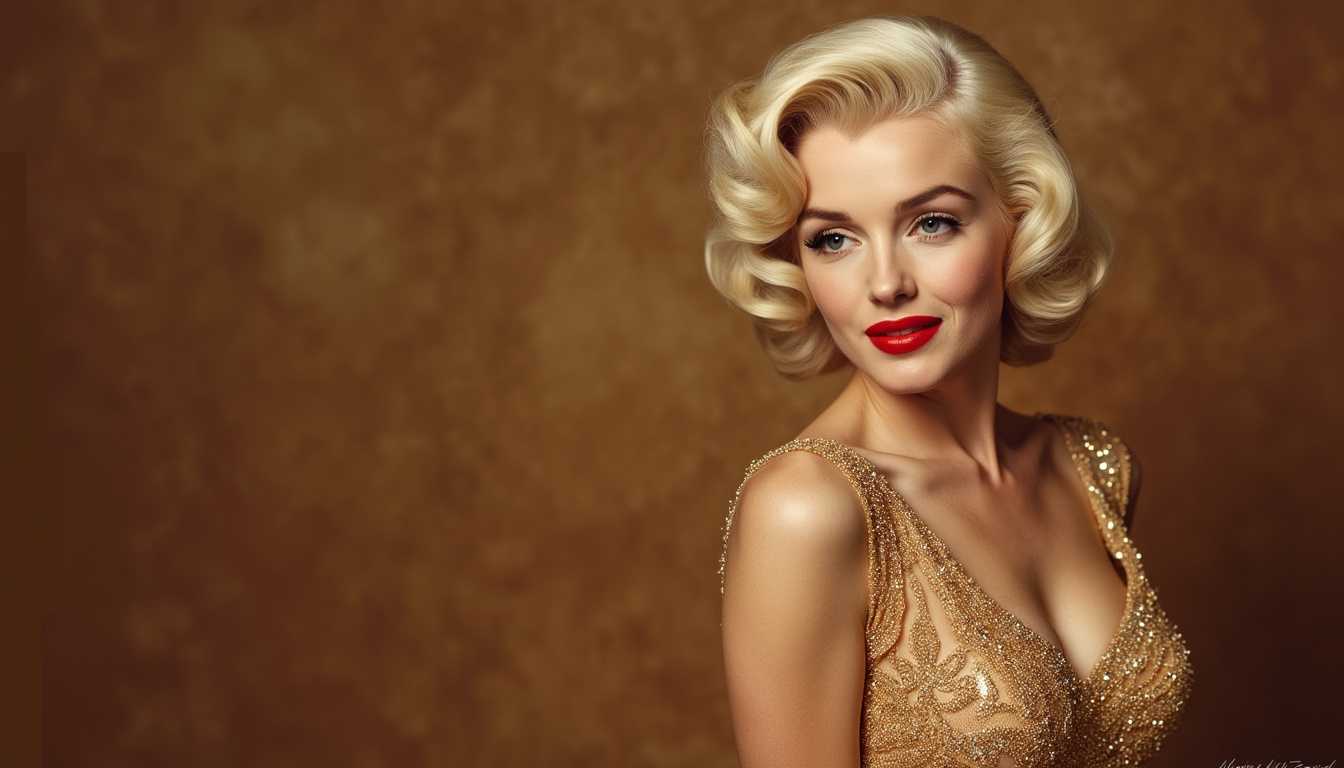 Create an elegant half-body portrait of Marilyn Monroe, capturing her iconic beauty and charisma. She wears a stunning, shimmering gold dress that catches the light, highlighting its intricate textures and luxurious fabric. The dress elegantly drapes around her figure, emphasizing glamour and sophistication. The setting is reminiscent of a high-gloss 1950s Hollywood portrait, with soft studio lighting creating a gentle glow around her and casting delicate shadows to add depth. Her makeup is classic Monroe: bold red lips, flawlessly winged eyeliner, and softly curled platinum blonde hair, styled to perfection. The background is a subtle, blurred shade of deep champagne, complementing the golden tones of her dress and adding a rich, timeless feel. The camera angle is slightly above eye level, capturing her confident and alluring expression with a slight, enigmatic smile, creating a vibrant and engaging scene that embodies the essence of old Hollywood glamour.