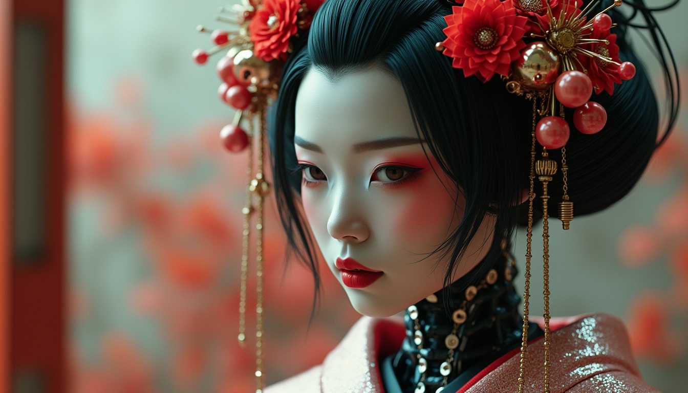 a cybernetic geisha sexy female in japanese robes half human,half robot.


