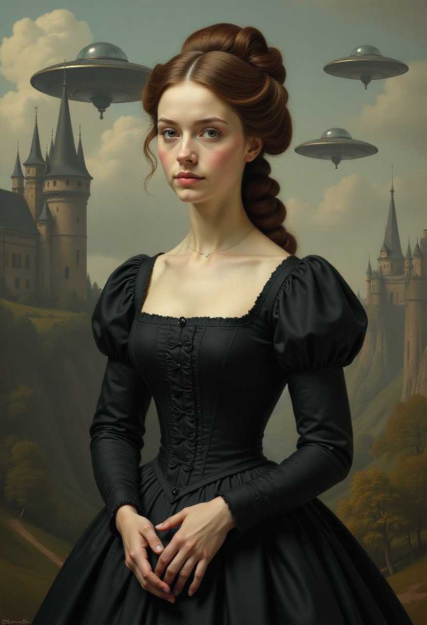 This image appears to be a digitally created portrait, likely designed to emulate the style of a historical painting. The background depicts a german castle surrounded by flying saucers with glass domes. The subject is a person dressed in a dark, Victorianera gown with a high neckline and long sleeves. The gown has a fitted bodice with a gathered waist, which is a common characteristic of the periods fashion. The fabric of the dress has a subtle sheen, suggesting a silk or satin blend.The subjects hair is styled in an elaborate updo, with ringlets cascading down the back. The hair color is a rich, chestnut brown, and the curls are voluminous, indicating a significant amount of styling effort. The hair is held in place with what appears to be a hair net or a wig cap, common accessories for such hairstyles.The subject is holding a small, blackcovered book or box in their hands. The book has a simple design with no visible text or patterns, and the spine is straight, suggesting it is closed. The hands are delicately poised, with the fingers slightly curled around the object.The overall art style of the image is realistic, with attention to the textures and details of the subjects clothing and hair. The lighting is soft and diffused, casting gentle shadows and highlights that give the subject a threedimensional form. The medium appears to be a digital painting, given the smooth blending of colors and the lack of brush strokes.The colors in the image are primarily dark and muted, with the exception of the subjects hair, which adds a pop of color to the otherwise subdued palette.  