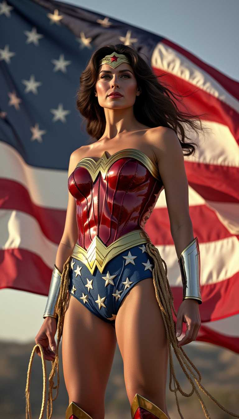 Title: "Lyndia Carter as Wonder Woman with American Flag"

Image Description:
Capture a striking and powerful image of Lyndia Carter embodying Wonder Woman, standing confidently in front of a large, billowing American flag. 

Visual Details:
The iconic Wonder Woman costume is carefully detailed, showcasing the red, blue, and gold color scheme with a gleaming metallic sheen. The lasso of truth glistens in the ambient light, and the intricate texture of her armor is crisply defined. Her boots are polished, catching the glint of the light.

Style:
Choose a hyper-realistic, cinematic style that emphasizes strong contrast and vivid colors, akin to a classic superhero comic book brought to life.

Composition:
Lyndia Carter is centrally positioned in the frame, with the American flag prominently displayed behind her. The camera angle is dynamic, slightly low to enhance her towering, heroic figure. The image is cropped to allow the flag to elegantly drape across the background.

Mood and Atmosphere:
The atmosphere exudes patriotism and strength, with a bright midday sun casting dramatic shadows and highlighting details in her costume. The flag unfurls in the gentle breeze, adding a sense of movement and grandeur.

Technical Aspects:
Utilize a high dynamic range (HDR) to