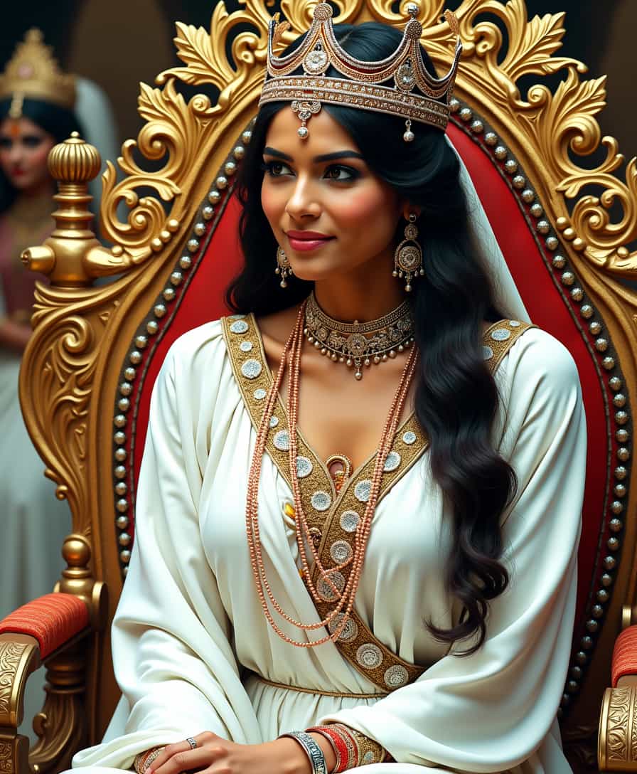 A indian with a crown and is sitting on a throne.