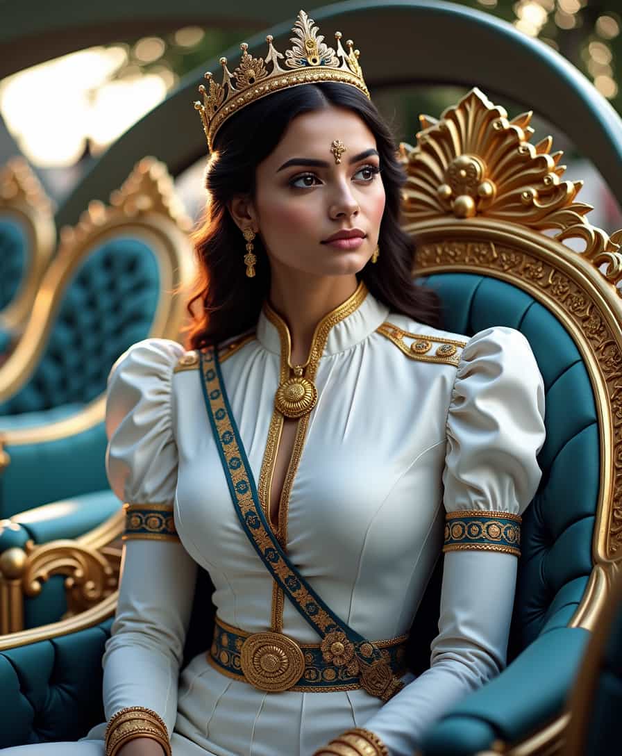 a indian woman with a crown on her head sitting on a throne.