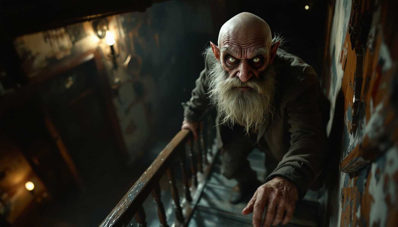 POV: Standing on a dimly lit wooden staircase in a shabby 1920s apartment building, I watch as Erich Zann—a lean old man with a grotesque satyr-like face, scruffy white beard, bald head, and wearing shabby 1920s attire—hurries up the stairs ahead of me, avoiding eye contact.

