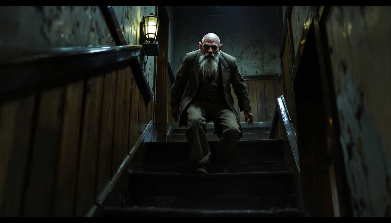 Bearded Man in Suit Descending Staircase in Dark Hallway