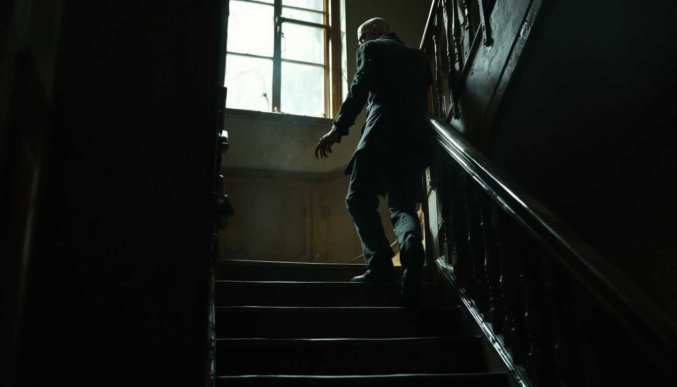 POV: Standing on a dimly lit wooden staircase going up, in a shabby 1920s apartment building, I watch as Erich Zann from his side—a lean old man with a grotesque satyr-like face, scruffy white beard, bald head, and wearing shabby 1920s attire—hurries going up the stairs passing me, avoiding eye contact.

