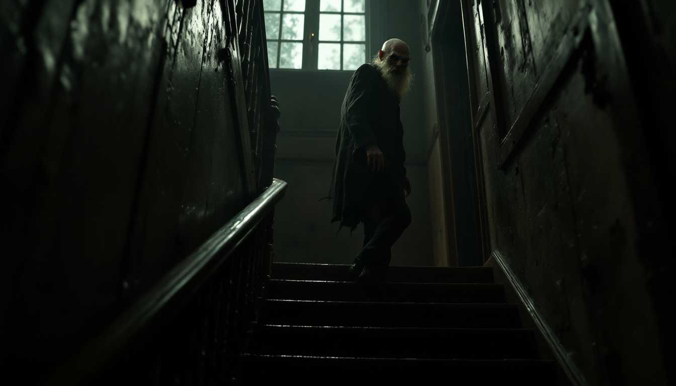 POV: Standing on a dimly lit wooden staircase going up, in a shabby 1920s apartment building, I watch as Erich Zann from his side—a lean old man with a grotesque satyr-like face, scruffy white beard, bald head, and wearing shabby 1920s attire—hurries going up the stairs passing me, avoiding eye contact.

