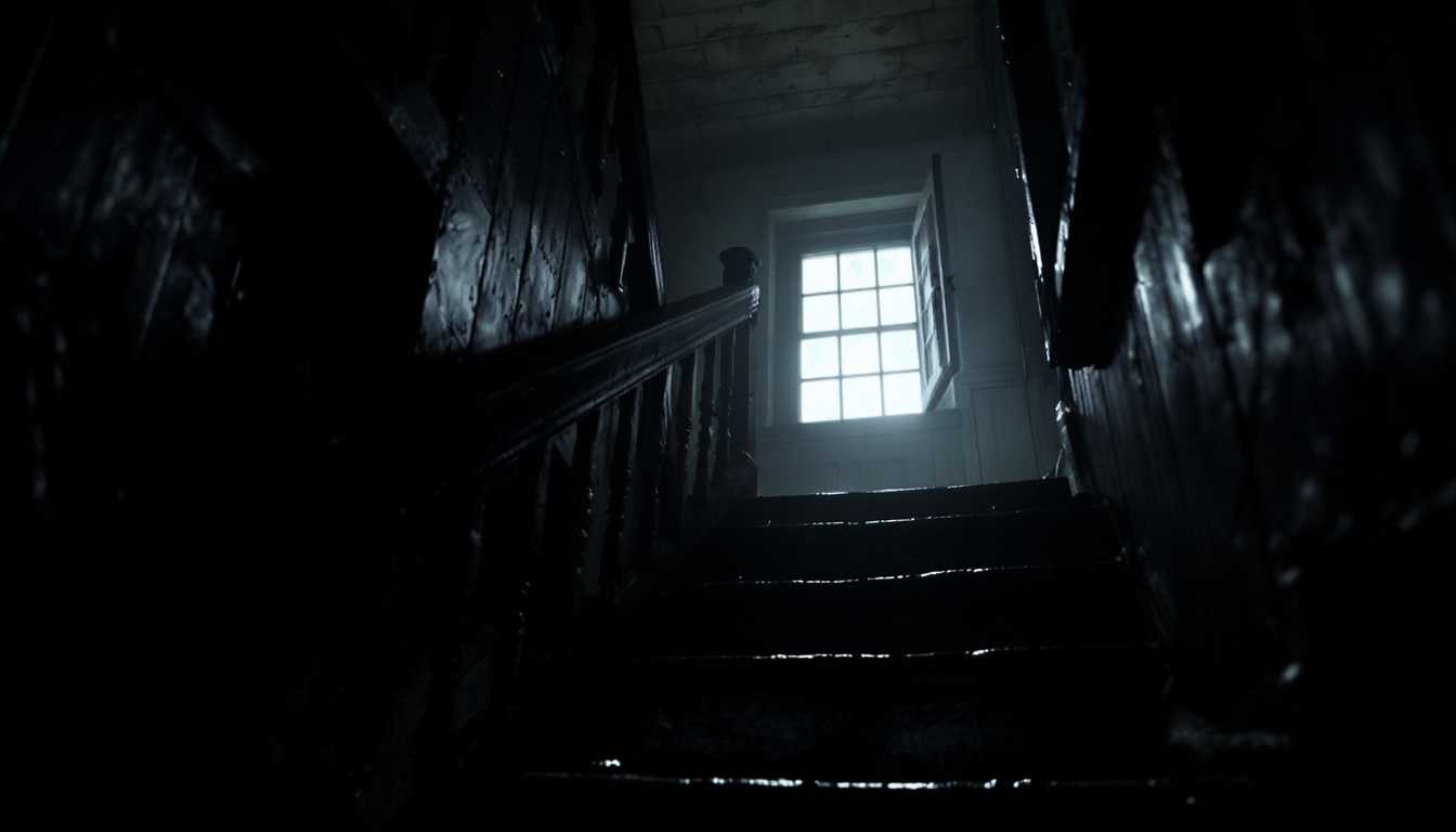 POV: Gazing up the narrow, creaking staircase leading to the attic, I fixate on the locked door of Erich Zann's garret room at the top, dimly illuminated by a flickering light, yearning to look out of his mysterious window beyond.

