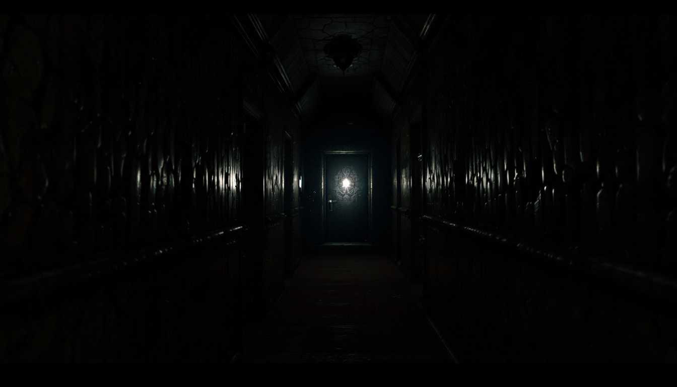 POV: Gazing through the narrow, creaking hallway, I fixate on the locked door of Erich Zann's garret room at the top, dimly illuminated by a flickering light, 

