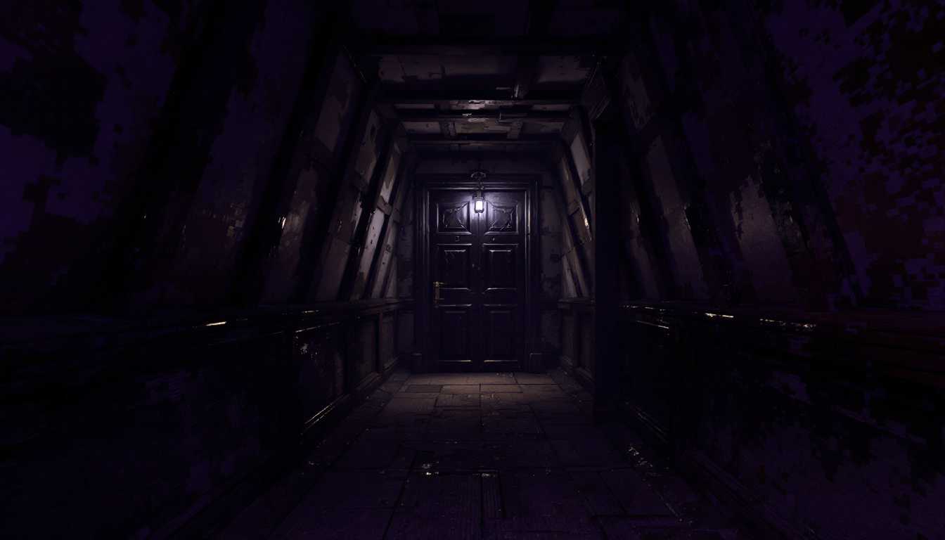 POV: Gazing through the narrow, creaking hallway, I fixate on the locked door of the only garret room at the end of the hallway dimly illuminated by a flickering light, 

