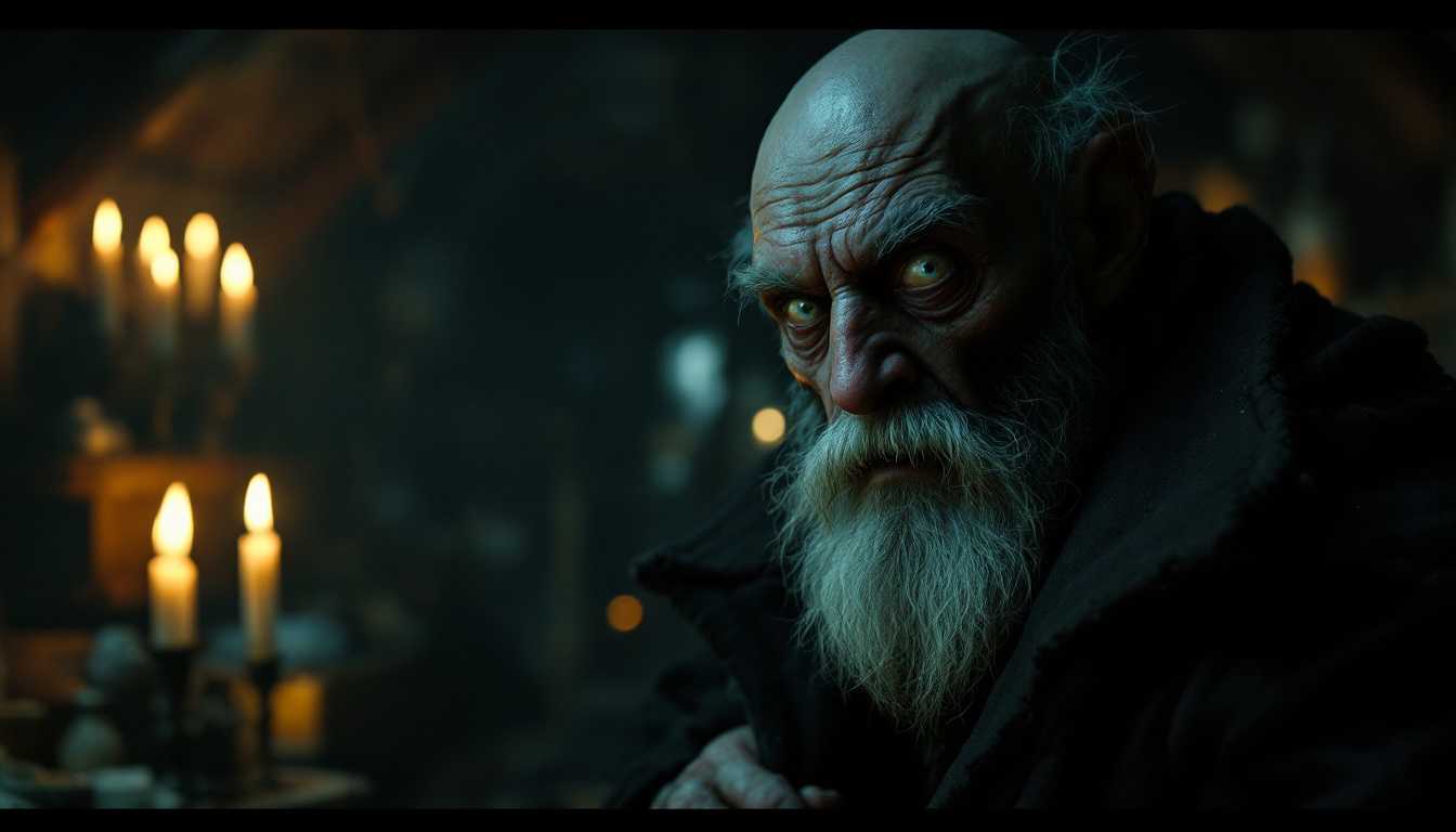 POV 1920s scene: Entering the cluttered attic room lit by flickering candles, I see him—a lean old man with a grotesque satyr-like face—gripping my coat with desperation, his scruffy white beard and bald head gleaming in the dim light, fear evident in his eyes.

