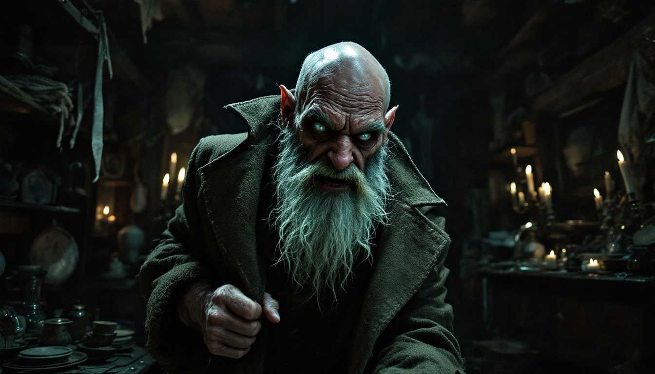 POV 1920s scene: Entering the cluttered attic room lit by flickering candles, I see him—a lean old man with a grotesque satyr-like face—gripping my coat with desperation, his scruffy white beard and bald head gleaming in the dim light, fear evident in his eyes.


