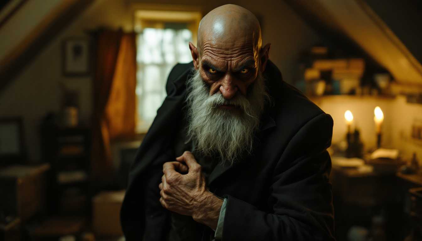 POV 1920s scene: Entering the cluttered attic room lit by flickering candles, I see him—a lean old man with a grotesque satyr-like face—gripping my coat with desperation, his scruffy white beard and bald head gleaming in the dim light, fear evident in his eyes.

