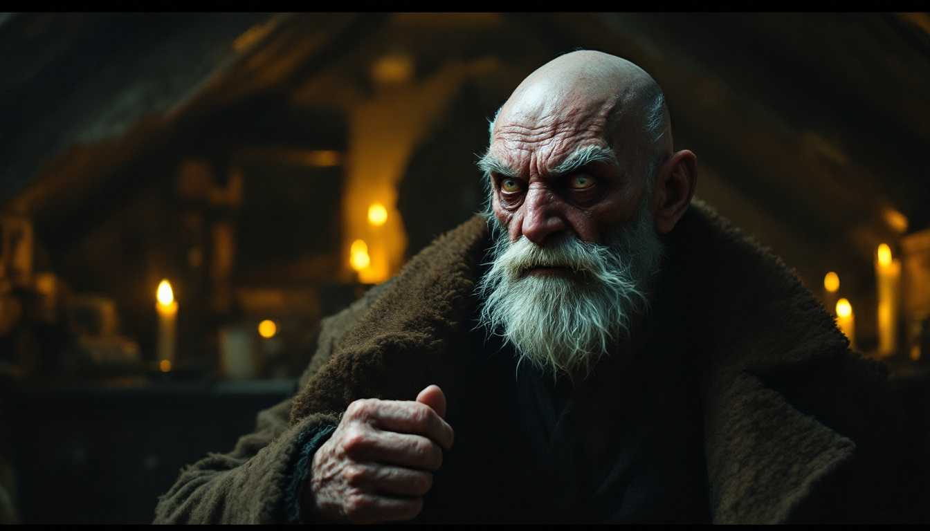 POV 1920s scene: Entering the cluttered attic room lit by flickering candles, I see him—a lean old man with a grotesque satyr-like face—gripping my coat with desperation, his scruffy white beard and bald head gleaming in the dim light, fear evident in his eyes.

